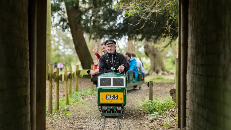 The miniature train at Belton. The green and yellow engine is being driven by a National Trust volunteer with a grey beard and train driver's hat. The train is coming into a tunnel.